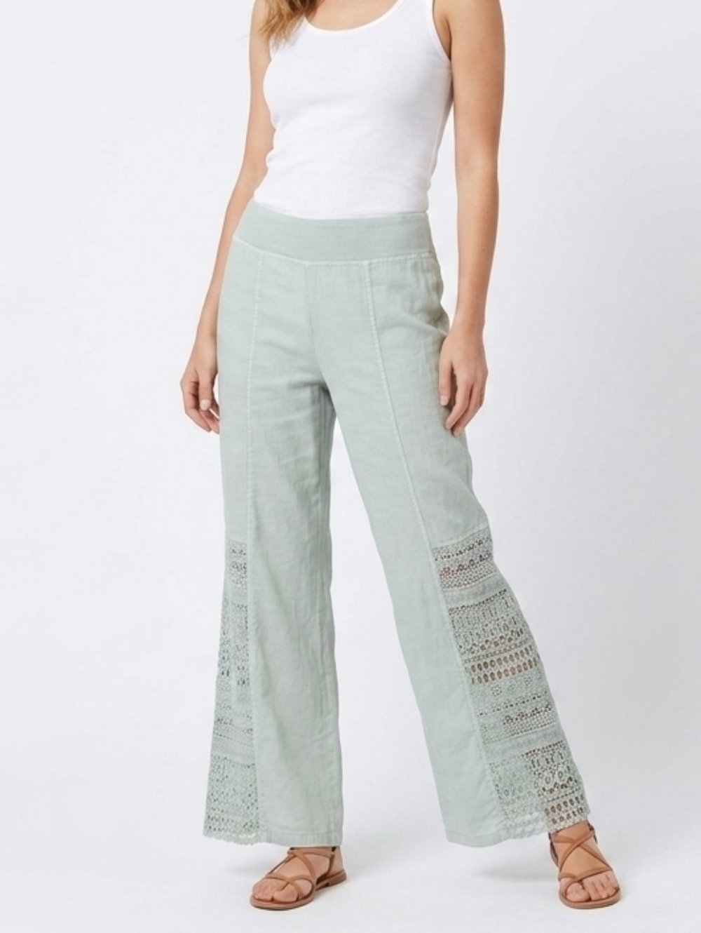XCVI Wide-Leg Crochet Panel Pants in Sage